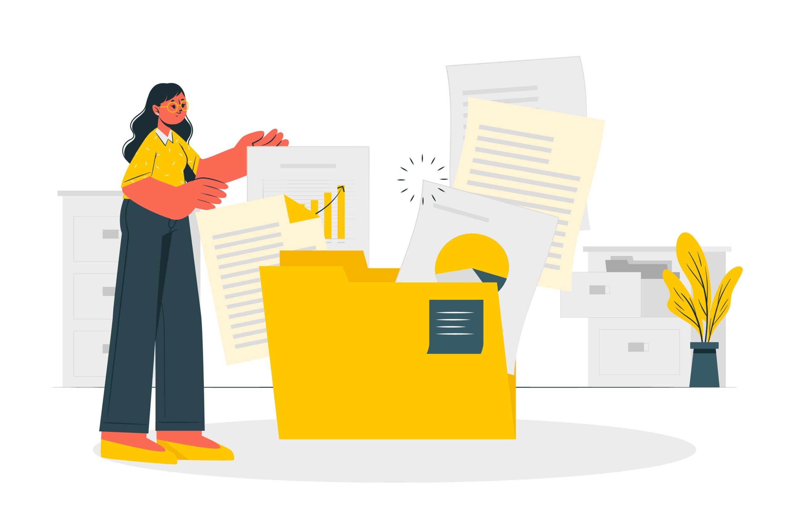 An illustration shows a woman organizing documents with charts and graphs into a large yellow folder.