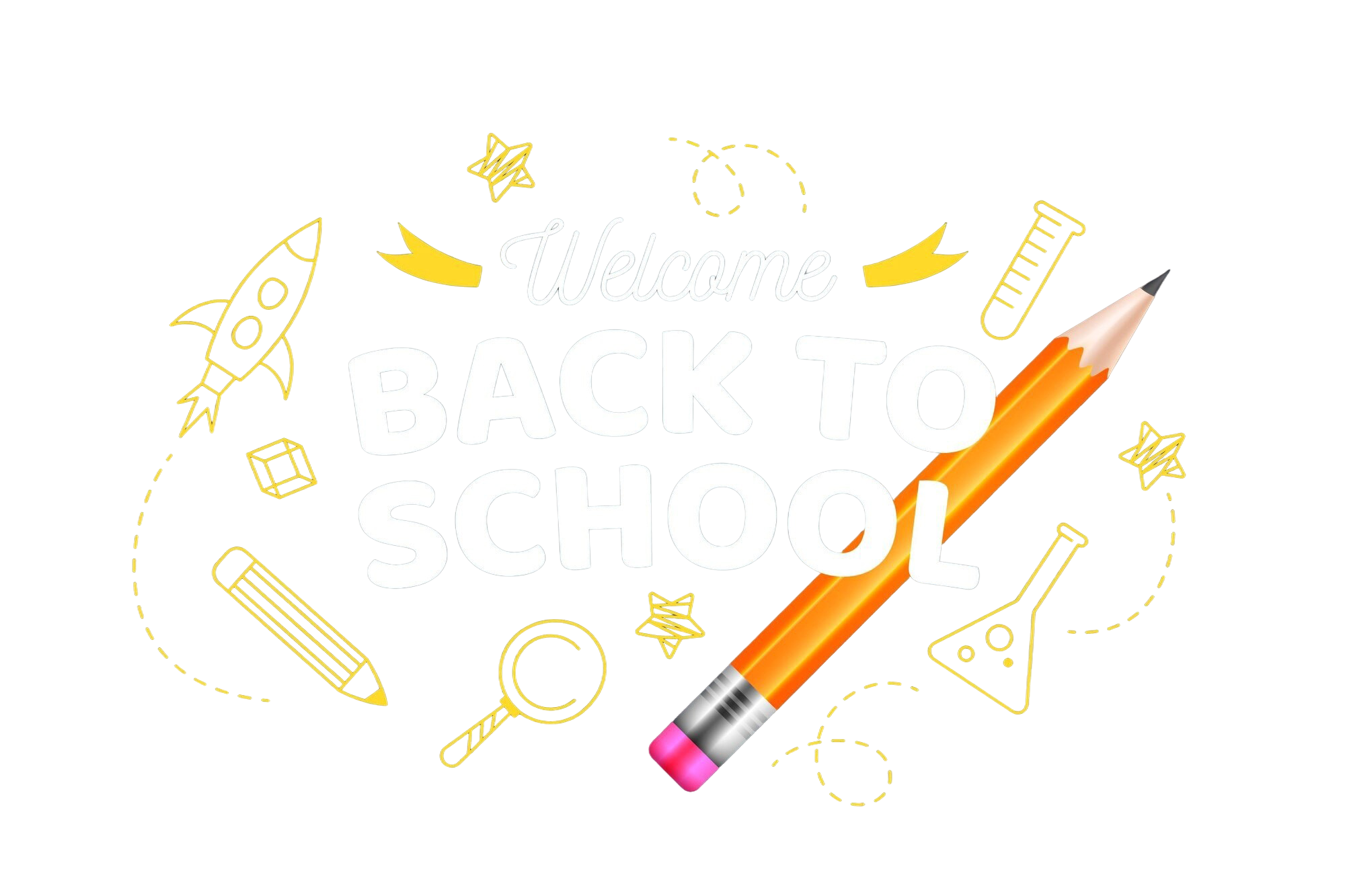 Welcome Back to School graphic with a large orange pencil and outline drawings of a rocket, magnifying glass, and science beakers.